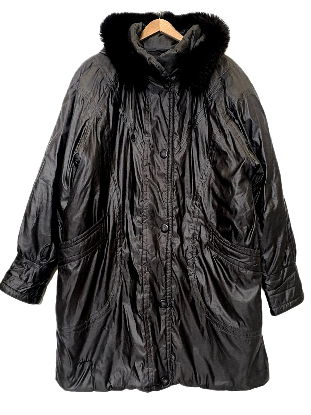Vintage Nuage Down Hooded Parka Coat Womens Size Large Black Removable Fur Hood